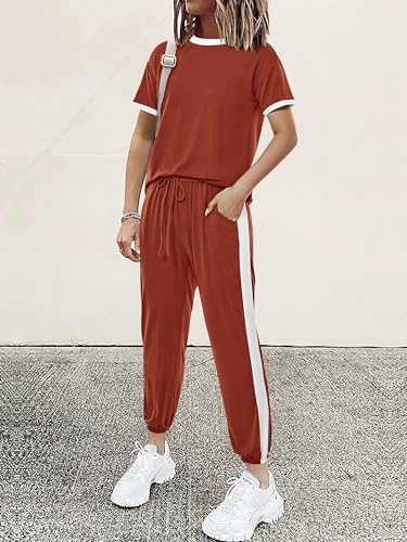 MASCOMODA Womens 2 Piece Outfits Summer Matching Lounge Sets Jogger Set - color: Brick Red, size: X-Large