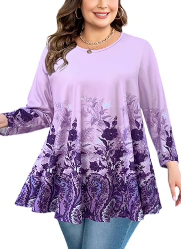 Plus Size Tops Womens Swing Tunic 3/4 Sleeve Flowy Long Blouses - color: Lavender Tunic Tops, size: 5X-Large