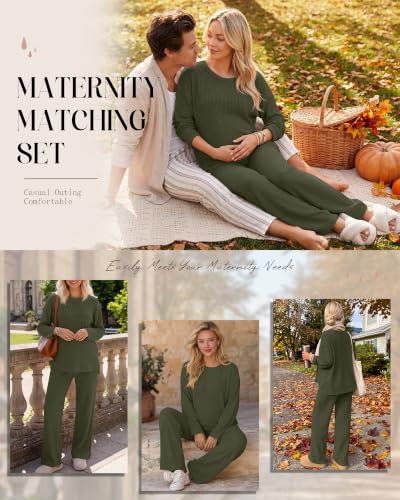 Huukeay Women's Maternity 2 Piece Waffle Outfits Lounge Set - color: Army Green, size: Medium