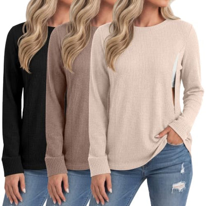 Neer 3 Pack Women's Nursing Hidden Zipper Long Sleeve Shirts - color: Cream, Coffee, Black, size: Medium
