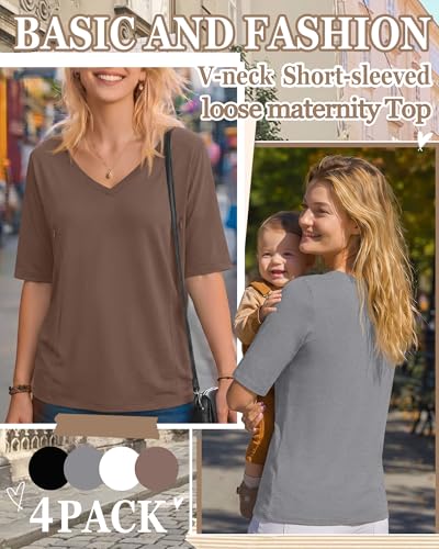 4 Pack Women Nursing Shirts Breastfeeding Tops - color: Brown, White, Gray, Black, size: XX-Large
