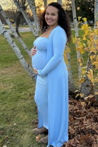 PinkBlush Ribbed Sleeveless Dress Cardigan Maternity Set - color: Light Blue, size: Small