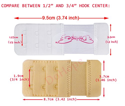 Elastic Adjustable Bra Extender 2 Hook 3 Rows Narrow Bra Band Extension - color: 6pcs White Color (1/2" Between Hook Center)