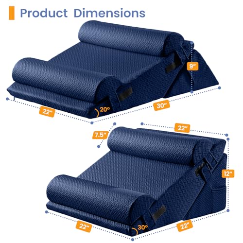 Sasttie Adjustable Wedge Pillow Set for After Surgery, Navy - color: Navy, size: Adjustable 9&12 Inch + 2 Head Pillows