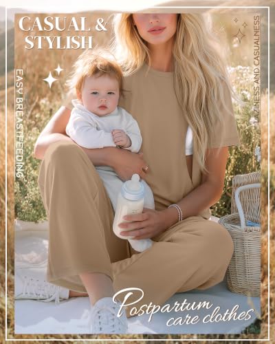 Ficerd 2 Pack Maternity Nursing Pajama Breastfeeding Sets Pjs - color: Cream, Apricot, size: XX-Large