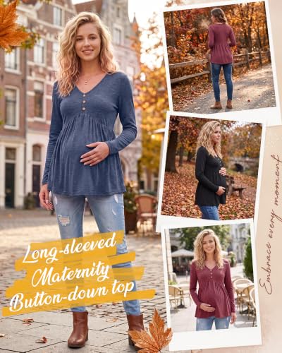 Cutecrop 3 Pack Maternity Long Sleeve V Neck Shirt - color: Black, Wine Red, Navy Blue, size: Medium