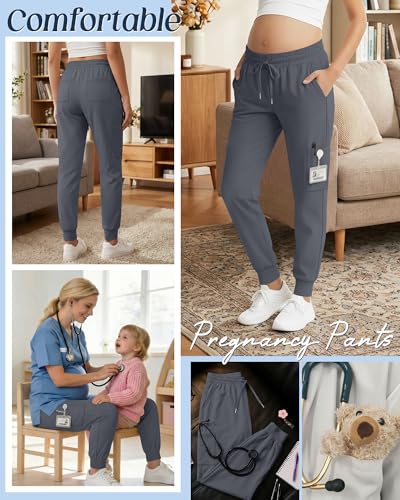 Xaatren Women's Maternity Scrub Joggers Pants with 6 Pockets - color: Dark Gray, size: Medium