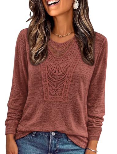 OFEEFAN Long Sleeve Shirts for Women Boho Tops Trendy Blouses Dressy Casual - color: Caramel, size: Medium