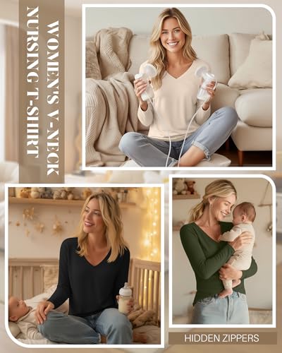 Huukeay 3 Pack Maternity Nursing Tops Breastfeeding Shirts - color: Black, Army Green, Light Khaki, size: Large