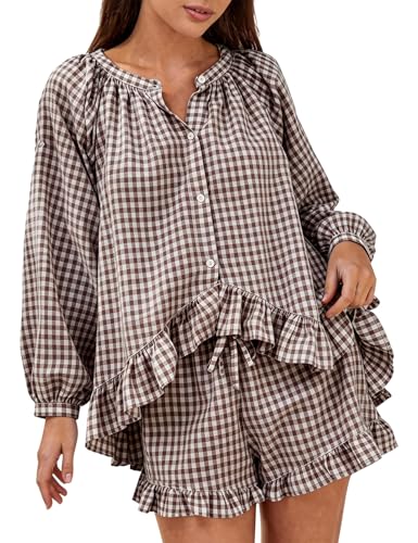 COZYPOIN Womens Gingham Pajama Set 2 Piece 100% Cotton Ruffle Lounge Set - color: Coffee, size: Large