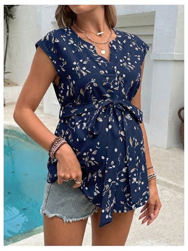 MakeMeChic Women's Maternity Blouse V Neck Cap Sleeve Belted Summer Shirt - color: Blue, size: Small