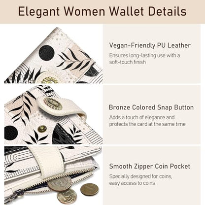 Kelvoris Boho Abstract Small Rfid Women Wallet Bifold Zipper Coin Pocket - color: Abstract Art Leaves