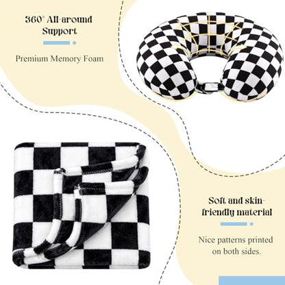 HunnmingRe 5 Pcs Travel Pillow Blanket Set, Airplane,Checkered,Black - color: Black, style: Checkered