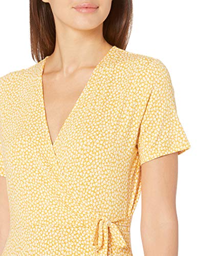Amazon Essentials Women's Short Sleeve V Neck Faux-Wrap Dress, Fitted - color: Yellow Mini Tulip, size: X-Large