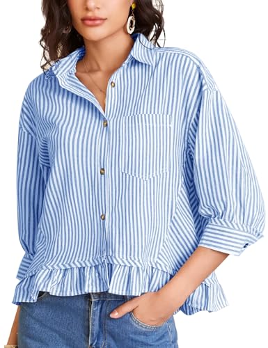 Flygo Womens Striped Button Down Shirts Cropped 3/4 Sleeve Ruffled Blouses - color: Blue, size: X-Large