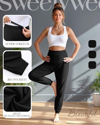 3 Pack Women's Maternity Jogger Pregnancy Sweatpants - color: Back,black,black, size: Large