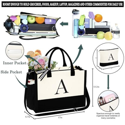 YOOLIFE Personalized Gifts for Women Initial Canvas Tote Bag Makeup Bag - color: M