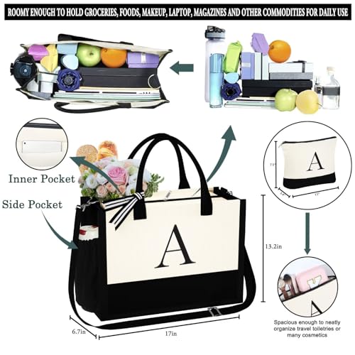YOOLIFE Personalized Gifts for Women Initial Canvas Tote Bag Makeup Bag - color: D