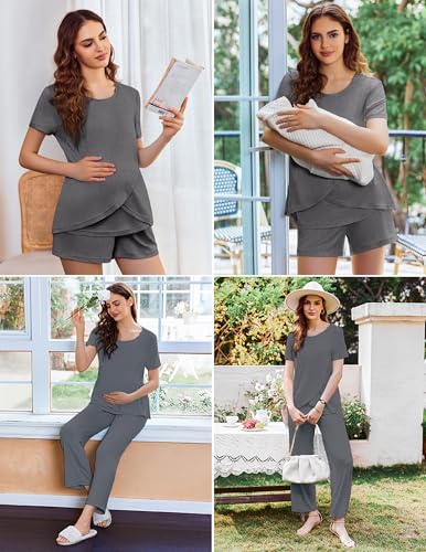 Ekouaer 3 PCS Maternity Nursing Pajamas Set Postpartum Breastfeeding PJS - color: Grey, size: XX-Large