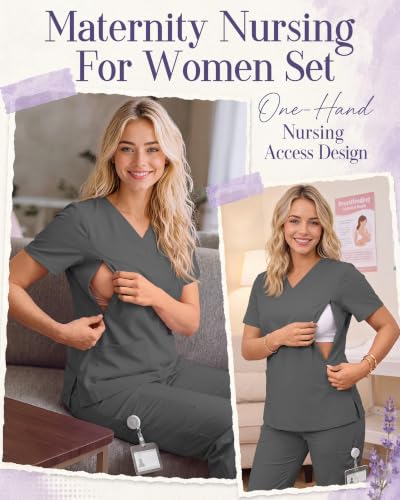 Women's Maternity Scrub Top Pant Set - color: Gray, size: Large
