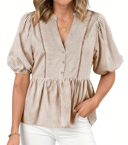 dowerme Women Lantern Sleeve Button Up Stripes Babydoll Tops - color: Brown, size: Medium