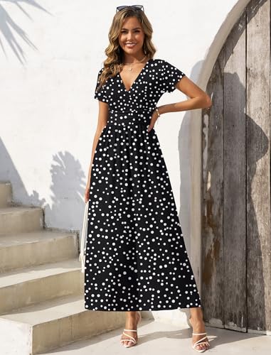 Gracyoga Women's Dresses 2026 Short Sleeve Wrap Maxi Dress with Pockets - color: Black Dot, size: X-Large