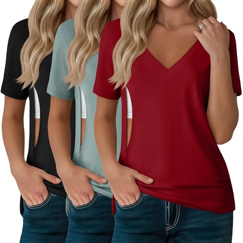 3 Pack Women's Nursing Tops Hidden Zipper - color: Black, Gray Green, Red, size: X-Large