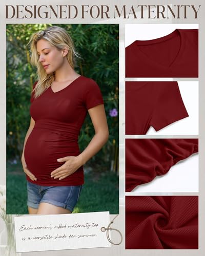 Neer 4 Pack Women's Maternity Shirts Short Sleeve - color: Black, Light Heather Gray, Navy Blue, Burgundy, size: Small