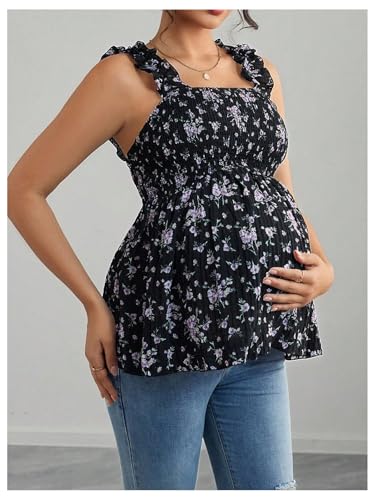 SweatyRocks Women's Maternity Tank Tops Floral Babydoll Blouse Shirts Top - color: Black, size: Medium