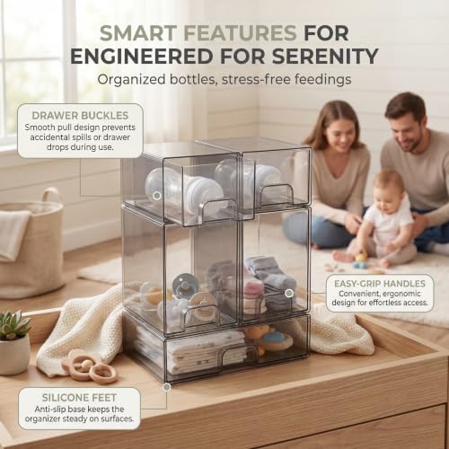 5 pack baby bottle storage organizer - clear acrylic stackable storage drawers with handles for baby bottles, kitchen countertop, pantry and vanity
