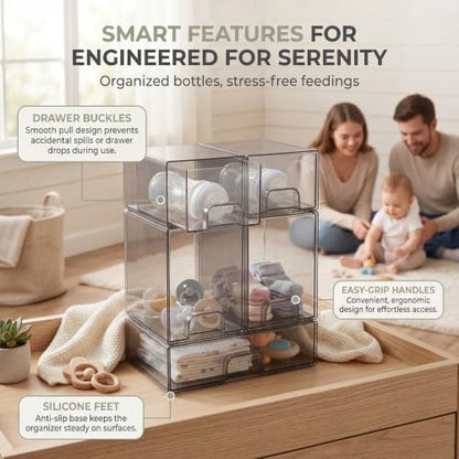 5 pack baby bottle storage organizer - clear acrylic stackable storage drawers with handles for baby bottles, kitchen countertop, pantry and vanity