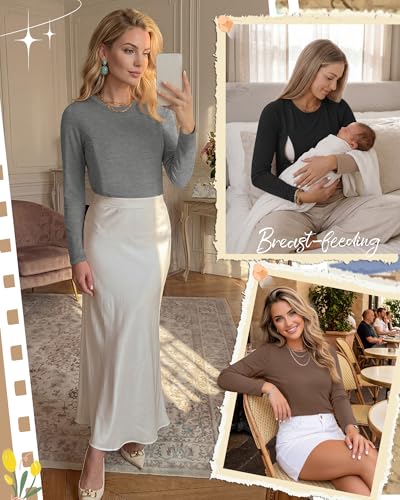 4 Pack Nursing Breastfeeding Tops with Hidden Zipper - color: Brown, White, Gray, Black, size: Small
