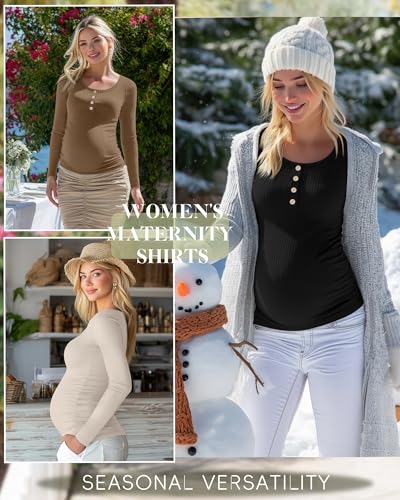 4 Pack Maternity Long Sleeve Shirts Pregnancy Tops - color: Black, White, Light Coffee, Apricot, size: Small