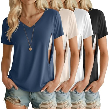 4 Pack Women's Nursing Maternity Shirts - color: Black, White, Apricot, Haze Blue, size: Medium