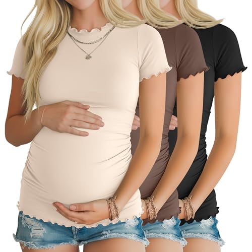 Xaatren 3 Pack Women's Maternity Short Sleeve Shirts - color: Beige, Brown, Black, size: Medium