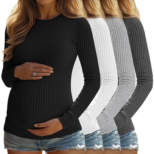 4 Pack Womens Ribbed Maternity Shirts Slim Fit Tops - color: Black, White, Light Gray, Dark Gray, size: Large