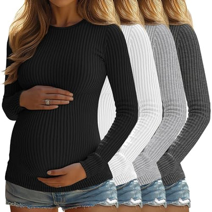 4 Pack Womens Ribbed Maternity Shirts Slim Fit Tops - color: Black, White, Light Gray, Dark Gray, size: Large