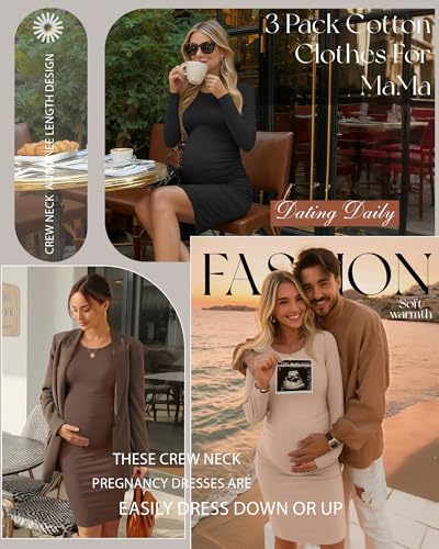 Riyiper 3 Pack Women's Long Sleeve Maternity Dresse - color: Khaki, Coffee, Black, size: Small