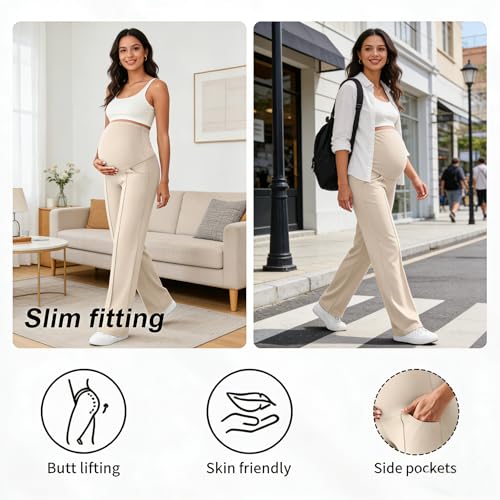 Over The Belly Maternity Wide Leg Yoga Pants - color: Beige, size: Large