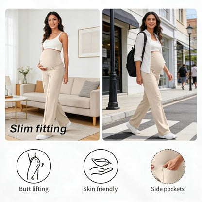 Over The Belly Maternity Wide Leg Yoga Pants - color: Beige, size: Medium