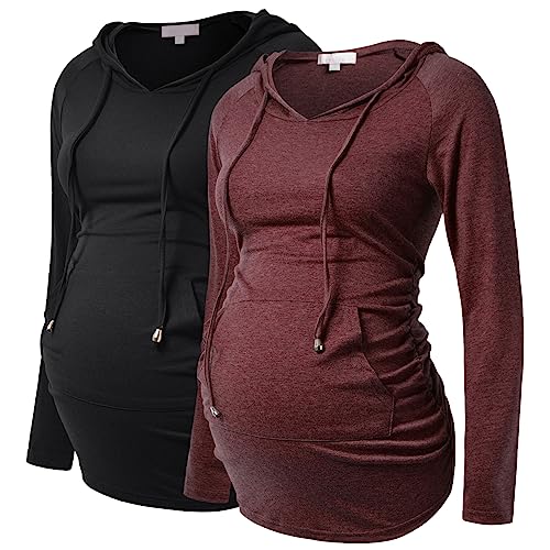 Bhome Maternity Hoodie Long Sleeves Shirt Casual Top Basic Tee Layering Sweatshirt - color: Black/Burgundy, size: Small