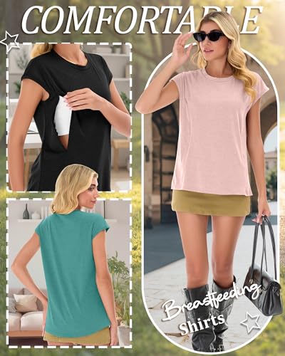 Ficerd 3 Pack Women's Nursing Cap Sleeve Shirts - color: Light Pink, Turquoise, Black, size: X-Large
