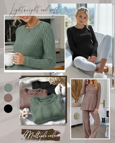 3 Pack Maternity Sweaters Long Sleeve Ribbed Shirts - color: Green, Brown, Black, size: XX-Large