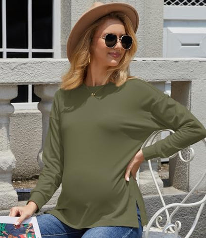Womens 3 Packs Maternity Shirts Long Sleeve Side Ruched Pregnancy Tee Workout Top Tunic Blouse Mama Clothes - color: Black/Grey/Green, size: Medium