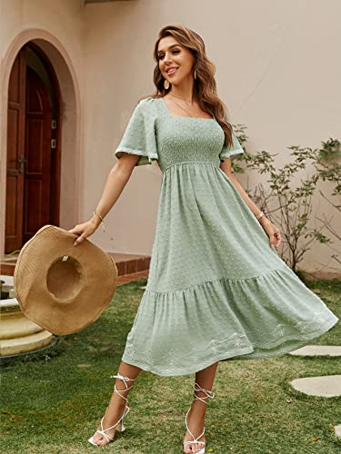 Glamaker Women's Short Sleeve Smocked Square Neck A Line Summer Flowy Maxi Long Dress - color: 01-green, size: X-Large