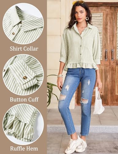 Flygo Womens Striped Button Down Shirts Cropped 3/4 Sleeve Ruffled Blouses - color: Olive, size: X-Large