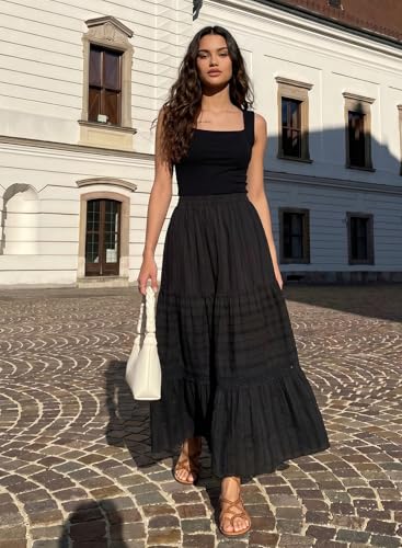 BLENCOT Women's Boho Tiered High Waisted Cotton Long Flowy Skirt - color: Black, size: Medium