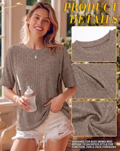 Ficerd 3 Pack Women Oversized Nursing Shirts - color: Light Coffee, White, Black, size: Large