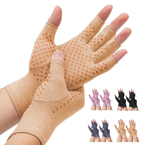 DRNAIETY 2-Pair Arthritis Compression Gloves for Hand Arthritis, Fingerless - color: Brown, size: Medium