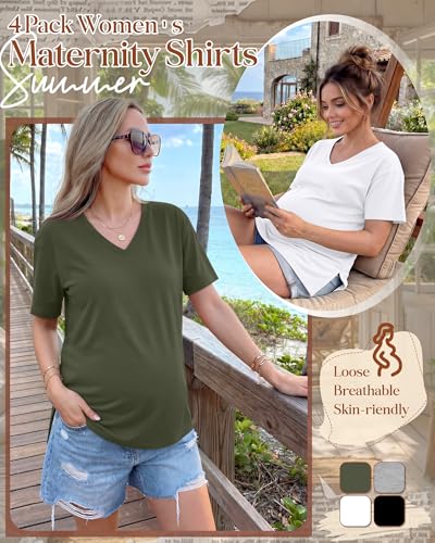 Huukeay 4 Pack Women's Maternity Shirt Loose T Shirt - color: Army Green, Light Gray, White, Black, size: Medium